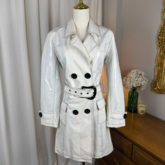 VTG Y2K White Glossy PVC Vinyl Style Faux Patent Buckled Trench Coat sz Large - Picture 9 of 11